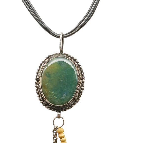 Vintage Moss Agate Pendant Necklace Silver-Tone Beaded Charms Heart Dangle Multi - Picture 3 of 5